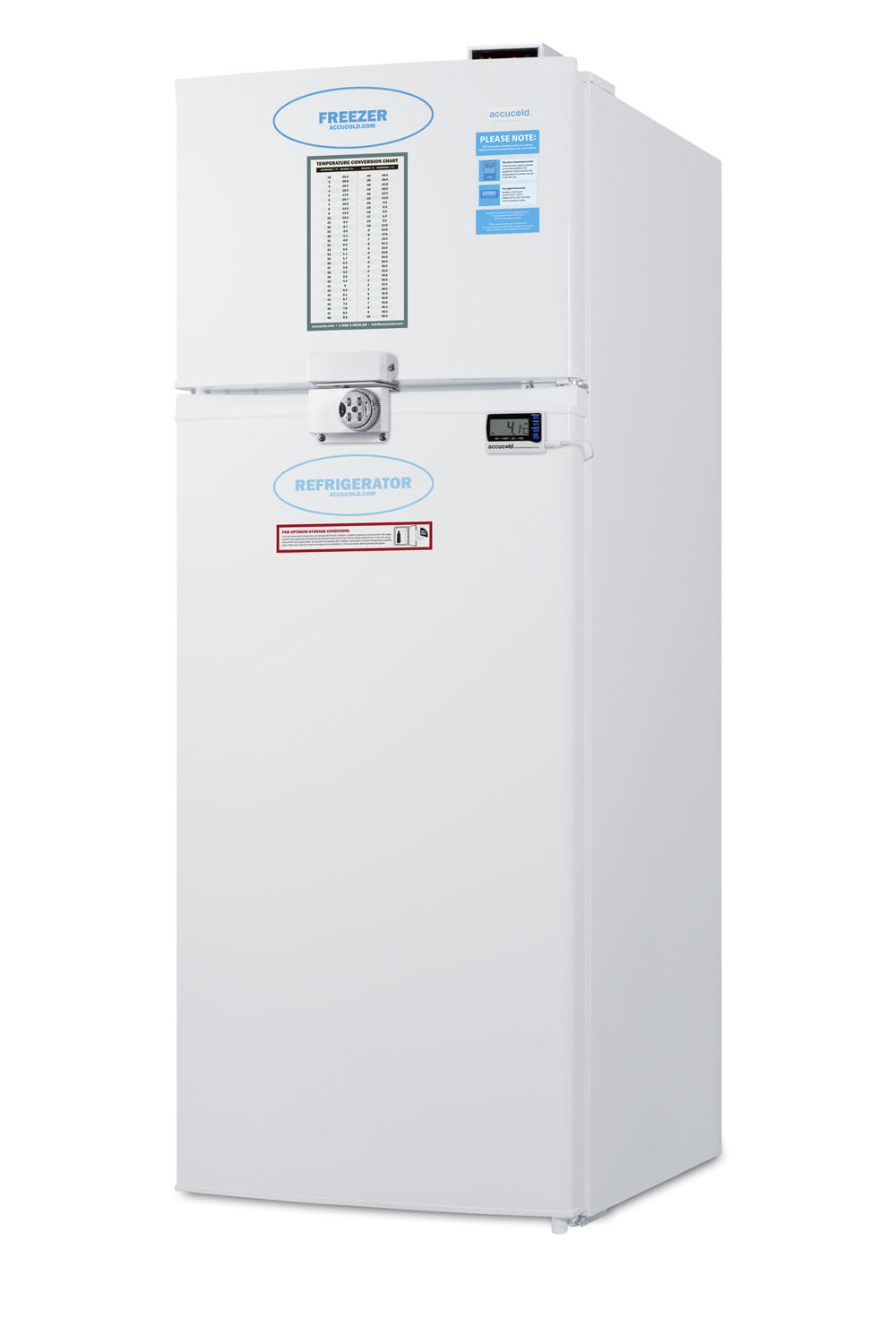 General purpose refrigerator-freezer with digital refrigerator control, internal fan, combination lock, and NIST calibrated alarm/thermometer